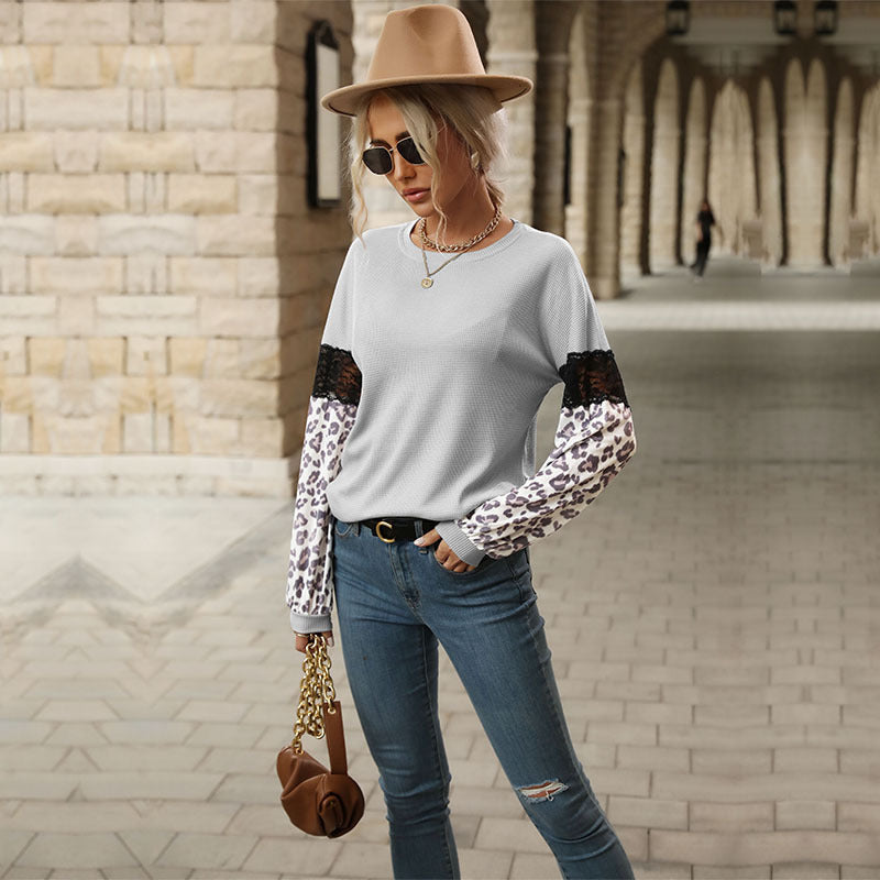 Leopard Print Contrast Color Knitwear Top Stitching
