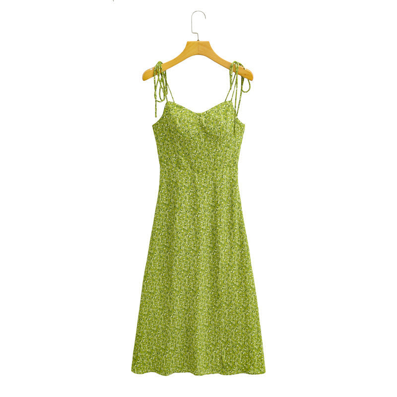 French Retro Floral Green Split High Waist Dress