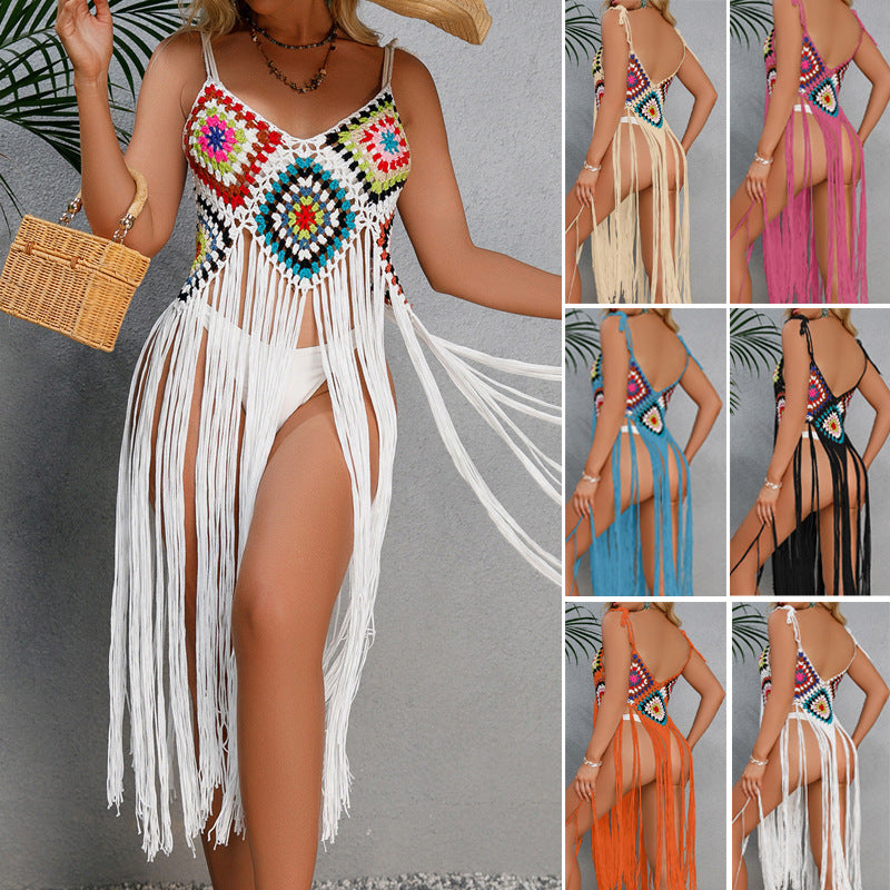 Sexy Hand Crocheted Tassel Beach Dress Floral Block Cover-Up