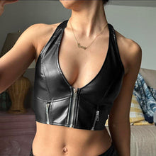 Sexy Solid Color Leather Zipper Halter Cropped Vest