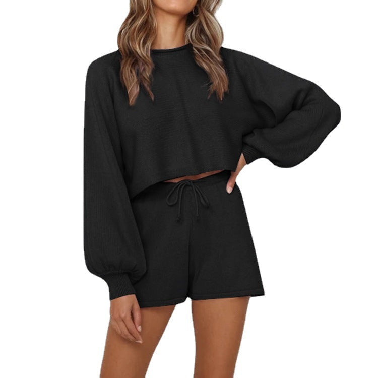 Solid-color women's sweater shorts home wear suit