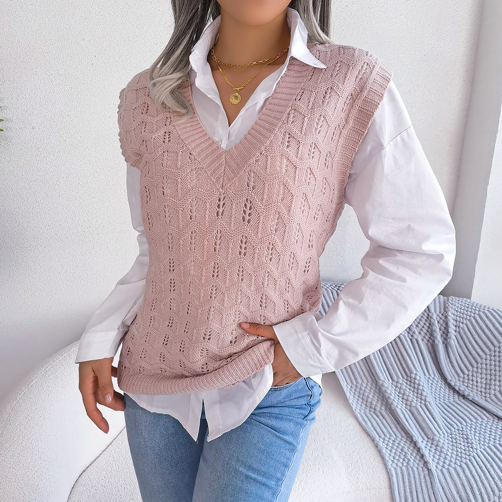Solid color hollow out cutout V neck knitted vest women