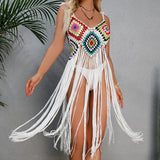 Sexy Hand Crocheted Tassel Beach Dress Floral Block Cover-Up