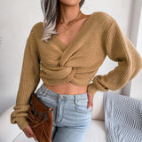 Long-Sleeved Knotted cropped Knitted Sweater Women