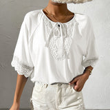 national lace round neck lace stitching loose short sleeve top