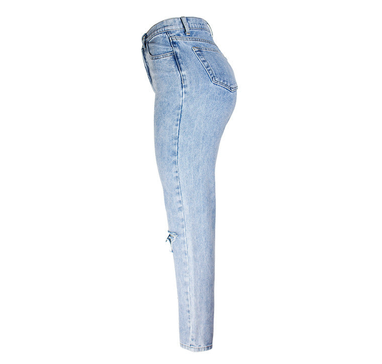 Casual Washed out Hole High Waist Straight Jeans