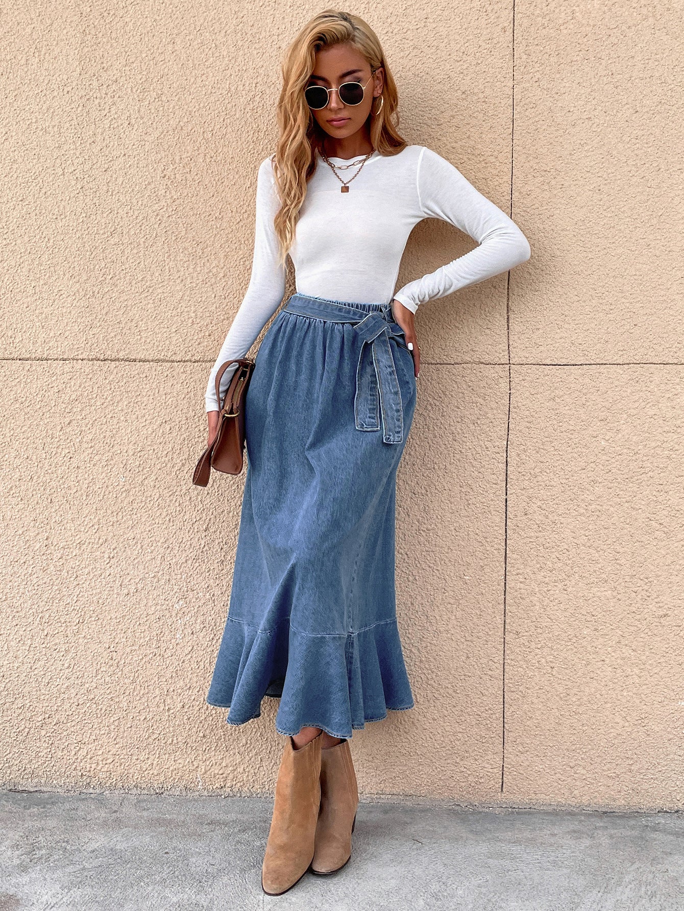Blue Ruffle Skirt Denim Mid Length