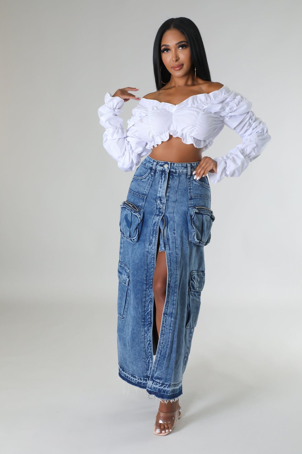 Denim Slit Skirt with 3D Pocket