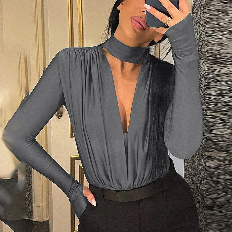 Sexy V neck Slim Bottoming Stitching Long Sleeve Jumpsuit