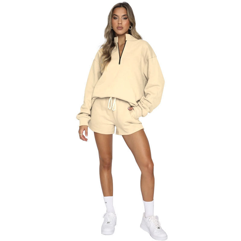 Solid Color Long Sleeve Zipper Sweater Women Shorts Set