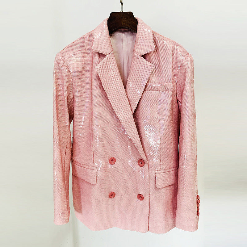 Star Double Breasted Loose Pink Sequined Blazer