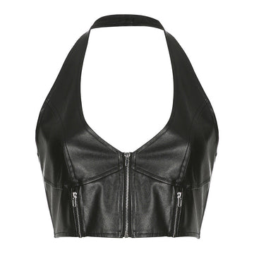 Sexy Solid Color Leather Zipper Halter Cropped Vest