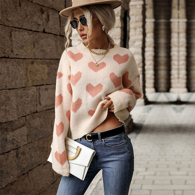Fashionable Knitted Casual Love Long Sleeved Pink Sweater
