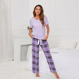 Solid Color Round Neck Printed Checks Women's Pajamas